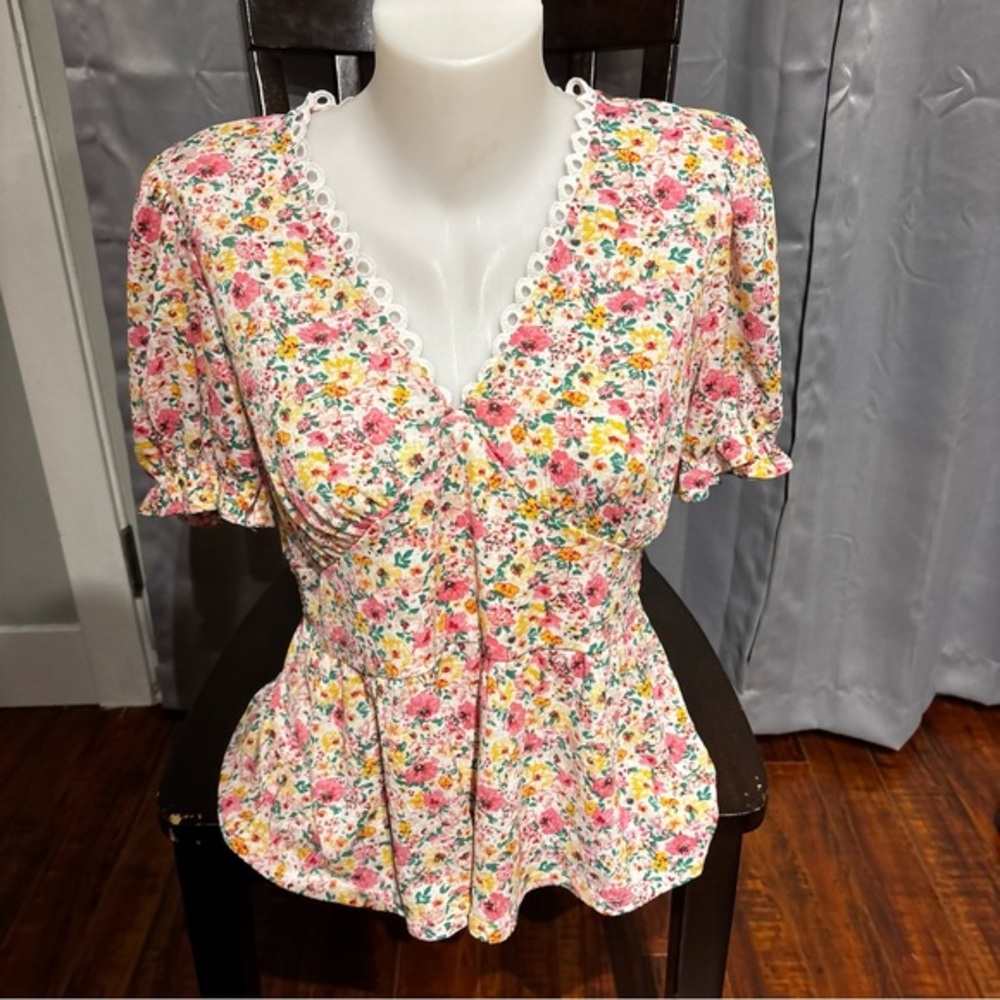 Fitted Pink and Yellow Wrap Blouse with Cap Sleeves